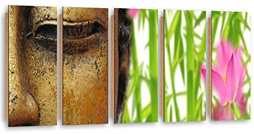 Feeby Modernes Bild 100x40 cm Blume Buddha-Figur Buddha Abstraktion Meditation 5 Paneele Design Deko Wand Aesthetic Zen-Spa Orient Bambus Asien Grün
