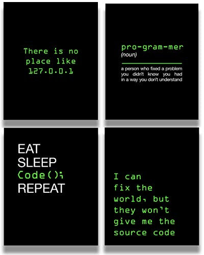 Office Decor – Computer Science Art – Set mit 4 Geek Wandkunst – lustiges Geschenk für ICT-Lehrer, Studenten, Coding Nerd, Computerprogrammierer, Papa – 20,3 x 25,4 cm ungerahmter Druck