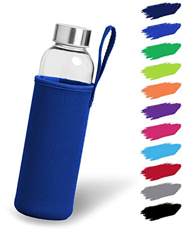 NOMA NOMA Glasflasche 0,5l mit Neoprenhülle | Trinkflasche aus Glas in 500ml, 600ml & 1000ml mit Schutzhülle und Edelstahldeckel | Wasserflasche für Sport, Büro, Schule & Outdoor | Blau