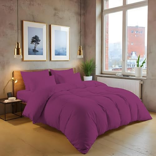 MistyMorning Set copripiumino in tinta unita, biancheria da letto e lino di qualità morbida e premium, cotone egiziano con 200 fili. (Viola, matrimoniale)