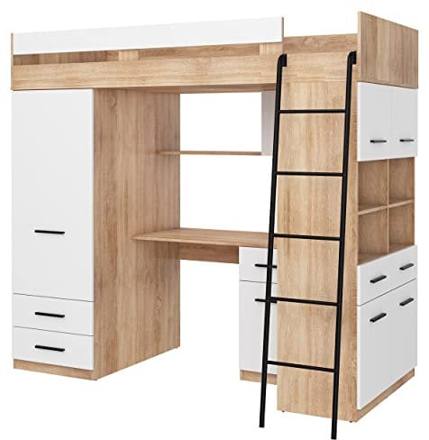 BIM Furniture Hochbett Level P 200x90 cm Etagenbett Schlafzimmer-Sets Kinderbett Schreibtisch Kleiderschrank Kinder Möbel Set Rechte Seite (Sonoma Eiche/Weiß)