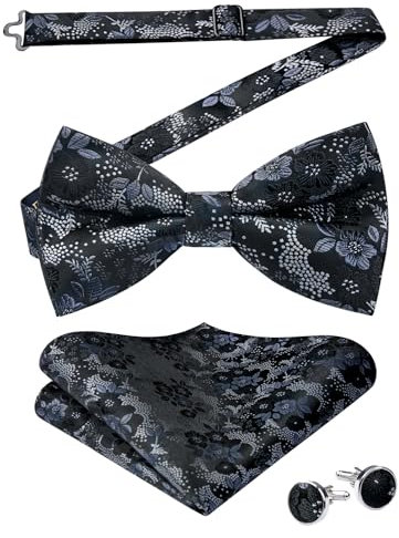 HISDERN Fliege Einstecktuch Set Herren Blumen Fliegen und Taschentuch mit Manschettenknöpfe Bereits Gfebunden Schleife für Hochzeit Sfeier Weihnachten Halloween,Schwarz
