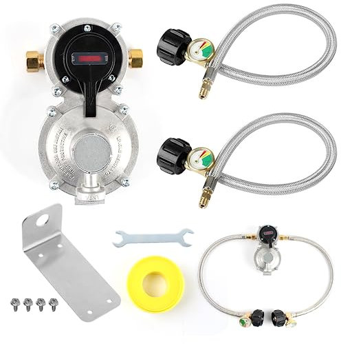 RV-Propangasregler, 2 Tank, 2-stufiger automatischer Umsteller, LP-Propanregler für Wohnmobile, inklusive Messgerät und 2 x 18-Pigtail-Propanschläuche, ideal für Anhänger und Wohnmobile (Silber)