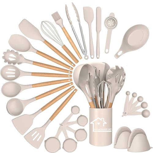 Silicone Kitchen Utensils Set, 28pcs Silicone Kitchen Cooking Utensil Set, Kitchen Tools Spatula Set with Holder for Nonstick Heat Resistant Cookware, Khaki
