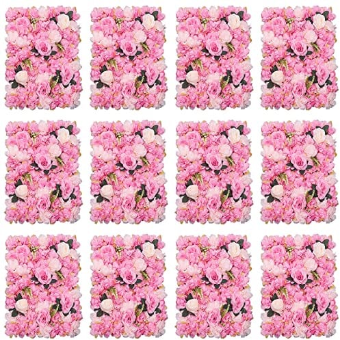 Lot de 12 panneaux muraux en forme de roses artificielles - Fond mural pour fête, mariage, douche nuptiale, fête prénatale, Noël, décoration de la maison, 60 x 40 cm (rose foncé)