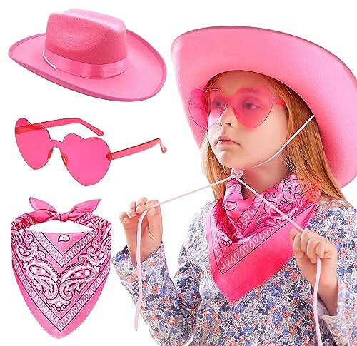 JeVenis Pink Cowgirl Hat Girls Cowboy Hat Kids Western Cowgirl Hat Bandana heart shape Sunglasses for Birthday Party