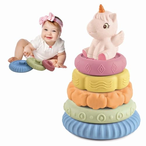 KOESMG Baby Stapeln Nesting Spielzeug, Soft Squeeze Building Circle mit rosa Pferd, Baby Zähne Spielzeug Sensorische frühe pädagogische Spielzeug für 6M+ Neugeborene Kleinkinder