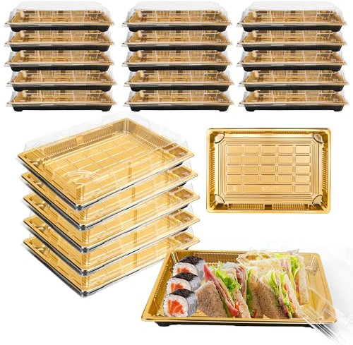 YKUKIZEE 20 Pack Gold Sandwich Trays with Lids, Plastic Buffet Trays Platter for Party Food, Gold Buffet Catering Trays with Clear Lids for Sushi Cake 258x185x50 mm