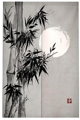 Surwin Rideau de Porte Japonais Long Tapisserie Noren en Lin, Paysage Naturel Fenêtre Rideaux Panneau Tenture Tapisserie Décoration pour Cuisine Chambre Maison (90x200cm,Feuilles Bambou)