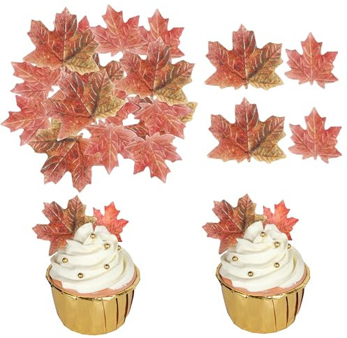 Xsstarmi 40 Pack Edible Maple leaves Cupcake Toppers Gold Leaf Cake Toppers Rice Paper Maple Leaves Wafer Cake Decorations for Autumn Thanksgiving Wedding Birthday Party Cake Decorations