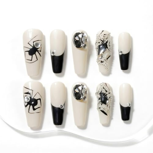 Sun&Beam Nails Handmade Press-On Nails Medium Ballerina Black (#133 M) | Handmade 10-piece set in milky white and black with glossy finish, spider art, rhinestones, and silver bead details