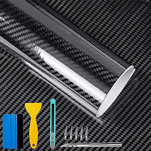 Lypumso Rouleau de film en vinyle noir 6D en fibre de carbone avec kits d'outils, rouleau de film vinyle noir brillant pour voiture, moto, bricolage, intérieur et extérieur, 0,3 x 3 m
