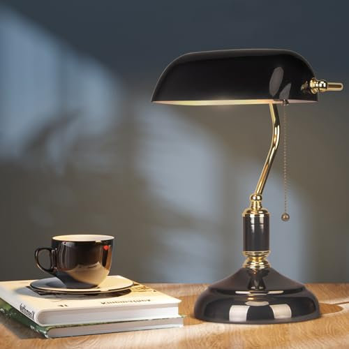 FIRVRE Lámpara de Escritorio de Banqueros de Vidrio Negro Tradicional Europeo Clásico Acabado Negro Base E27 Vintage Lámpara de Mesa
