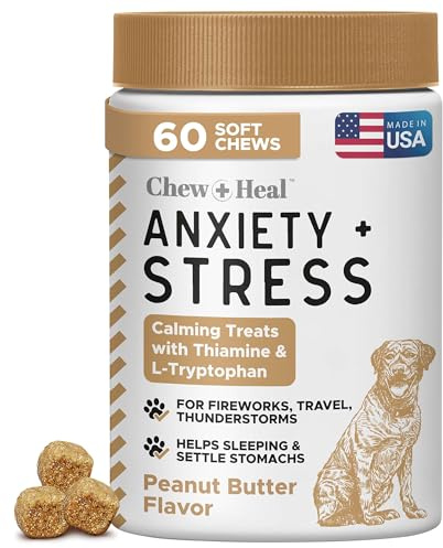 Chew + Heal Labs Calming Chews for Dogs - 60 Peanut Butter Melatonin Dog Sleep Aid & Calming Dog Treats with Thiamine, L-Tryptophan & Ginger