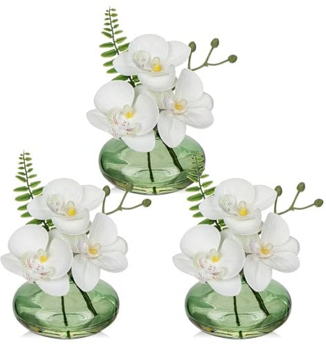 Briful Lot de 3 fleurs artificielles orchidées artificielles comme de vraies fleurs décoratives avec vase en verre Décoration de salle de bain Plante artificielle pour salon, fête, bureau, salle de