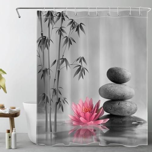 LB Spa Zen Gris Rideaux de Douche 150x180cm(LxH) Forêt bambous Japonais nénuphars Roses Rideaux de Bain avec Crochets, Pierres Grises Court Imperméable Polyester Anti Moule Salle de Bain Décor