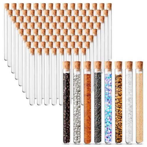 Lot de 100 tubes à essai avec bouchon en liège - Petits tubes à essai en plastique pour fleurs, travaux manuels et cadeaux