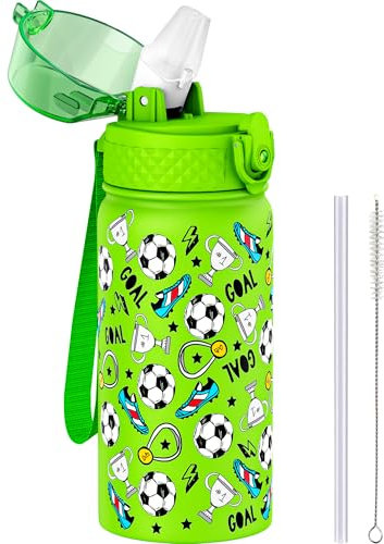 GOPPUS Botella de acero inoxidable aislada para niños de 420 ml con pajilla, botella de agua de metal a prueba de fugas, sin BPA
