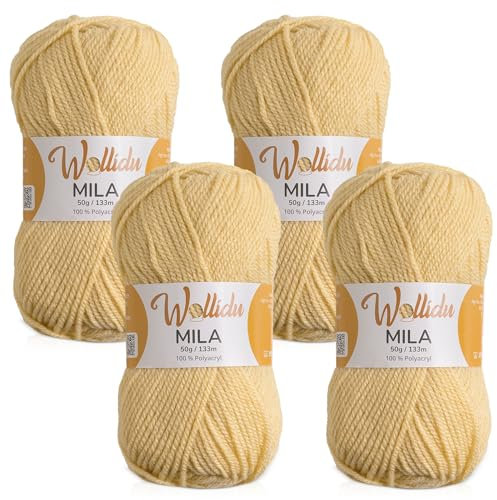 Wollidu Mila Garn zum Häkeln und Stricken 4 x 50g/133m Strickgarn 100% Polyacryl Häkelgarn Sand