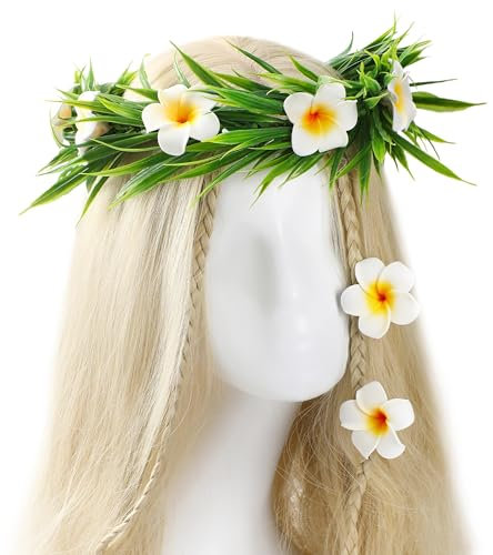 KorViSHOW White Tropical Hawaiian Headband - Tropical Floral Headband 2PCS Hawaiian Hair Clip Plumeria Hair Accessories Sets Women Pregnant Leis for Luau Party Hawaiian Birthday Party Decorations