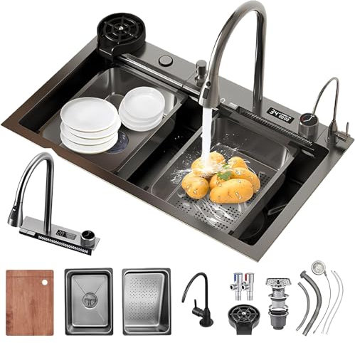 Fregadero De Cocina Para Estación De Trabajo Con Grifo Extraíble De Dos Senos Con Cascada 3 En 1, Juego De Lavabo De Acero Inoxidable, Lavadora De Ollas A Presión, Tabla De Cortar, Cesto De Drenaje Y