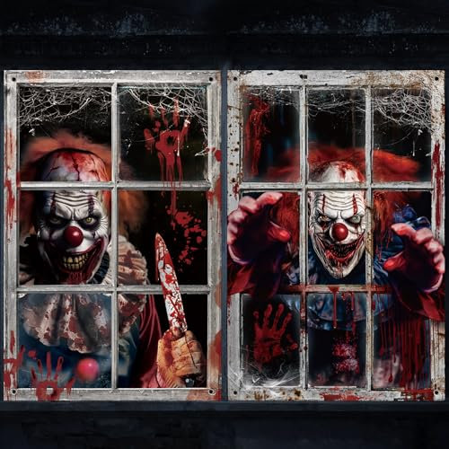 Hxezoc Halloween-Fensterdekorationen, gruseliger Clown, Fensterhintergrund, Poster für Halloween, Fenster, Tür, Wandabdeckung, Dekoration, Zubehör, 2 Stück