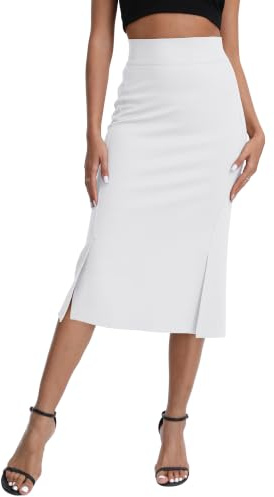 EXCHIC Femmes Élégant Taille Haute Elasticité Midi Crayon Jupes avec Fendues