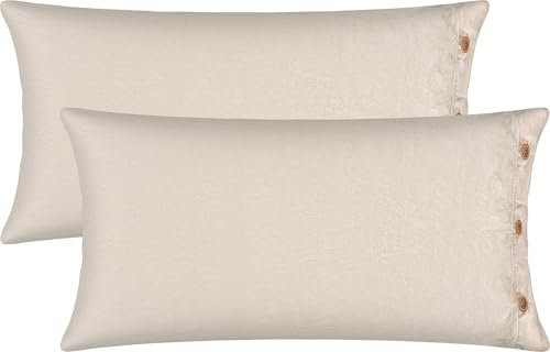 Erwin Müller Kissenbezug, Kissenhülle 2er- Pack Halbleine Uni Deggendorf - für kühle Tage, feuchtigkeitsregulierend, rustikale Holzknöpfe - Natur Größe 40x80 cm