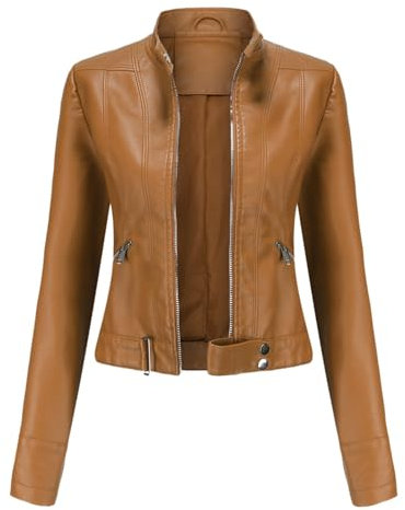 DLLDLGG Kunstlederjacke für Frauen Motorrad Reißverschluss Bomber PU Fahrrad Mantel Stand Kragen Zip Up Jacken mit Taschen