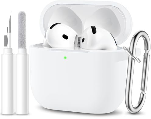 Maledan Funda Compatible con AirPods 4 2024 Case, Funda Protectora de Silicona Suave de Cuerpo Completo para Apple AirPods de 4 Generacion con Kit de Limpieza y Mosquetón [LED Visible], Blanco