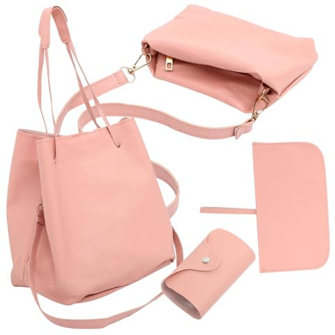 WATIIFUFU Vierteiliges PU Set Lässige Rosafarbene Umhängetasche Für Damen Einkaufstasche Mit Quasten Geldbörsen Und Handtaschen Stilvolles Set Für Jeden Anlass