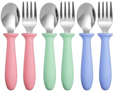 6 Stück Kinderbesteck ab 1 Jahr, Esslernbesteck Edelstahl Löffel Und Gabel Babybesteck für Kleinkind, Spülmaschinenfest