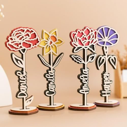 SCHUANGZHAN Rose en bois personnalisée, nom de rose en bois, fleur personnalisée en bois avec nom, support de téléphone, art découpé au laser