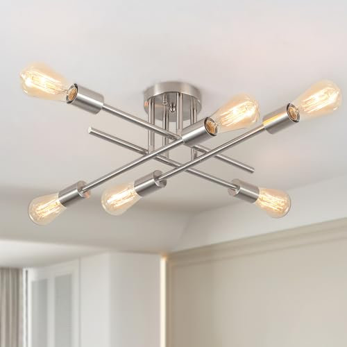 Kronleuchter Vintage Deckenlampe Silber, 6 Flammige Sputnik Lampe Deckenleuchte Wohnzimmer, Industrial Deckenlampe Esszimmer Kronleuchter Modern Deckenleuchte Silber für Schlafzimmer Küche Flur E27