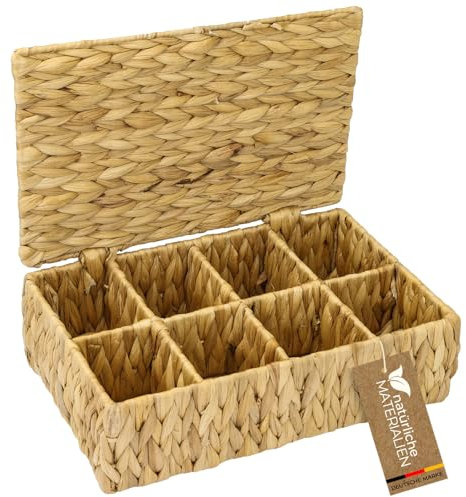 HMF Teebox für Teebeutel geflochten aus Wasserhyazinthe, Tee Aufbewahrungsbox mit 8 großen Fächern | 33 x 21 x 10 cm