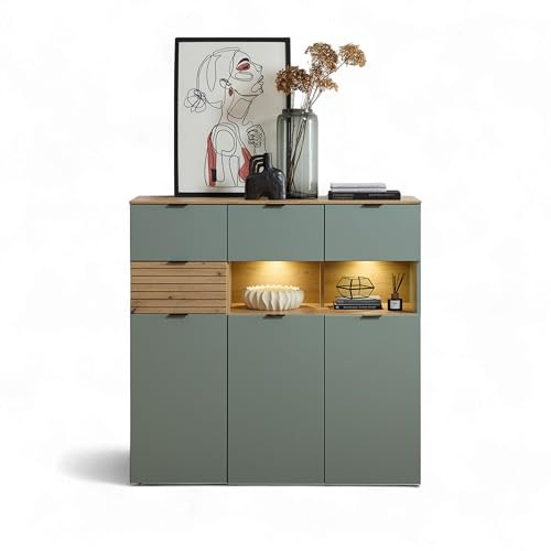 Stella Trading INA Highboard in Schilfgrün, Artisan Eiche Optik FSC-Zertifiziert - Moderner Wohnzimmerschrank mit Schubladen und LED-Beleuchtung - 125 x 125 x 45 cm (B/H/T)