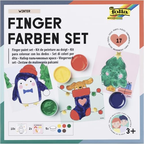 folia 48212 - Fingerfarben Set WINTER, Kreativset mit 5 x 30 ml leuchtender Fingerfarbe, 10 Malvorlagen mit winterlichen Motiven und 2 Mischvorlagen, inkl. Anleitung