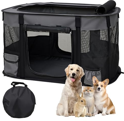 The Fellie Hundegehege, tragbarer, großer Welpenlaufstall, wasserdichter Oxford-Kätzchenlaufstall, Reise-Haustier-Welpenkäfig für Haustiere, faltbares Katzenzelt für Hundetragetasche, Grau, 112 x 86 x