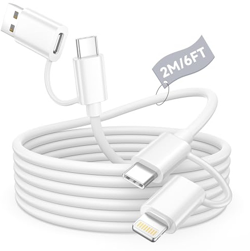 Cable iPhone Charge Rapide 2M, 4-en-1 Câble Multi USB avec Câble Lightning/Cable USB C, câble USBC usb Cordon Telephone Portable Fil Chargeur pour Apple iPhone 17/16/15/14/13/12/X,iPad,Samsung,AirPods