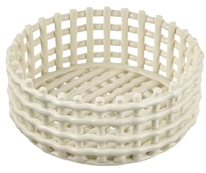 Baroni Home Geflochtener Mehrzweckkorb aus Keramik, Obstschale, Tischdeko, Taschenleerer, rund, weiß, 21 x 21 x 9 cm