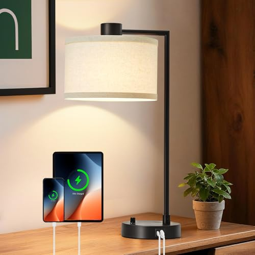 GyroVu Nachttischlampe, Tischlampe mit Ladefunktion USB A+C-Anschlüssen, Stufenlos Dimmbar, Leinen-Lampenschirm, Bedside Lampe für Wohnzimmer Studierzimmer Büro (Glühbirne inklusive)