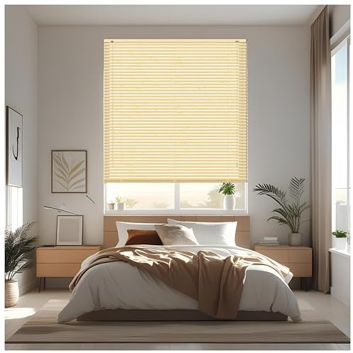 J.Din Natural Wood Grain Effect Made To Measure PVC Venetian Window Blinds Easy Fit Windows Treatment Curtains Metal Headrail Wooden Shutters Child Safe Fittings 240W x 150H cm