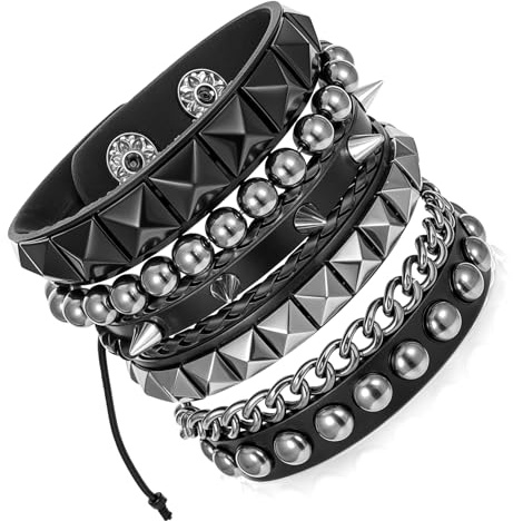 WLLHYF 4 Stück Punk Leder Manschette Armband Gothic Lederarmband Armreif mit Metall Nieten Verstellbare Rock Biker Armband Set Herren und Damen Party Geschenke