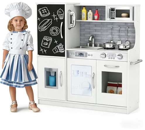 DREAMADE Cuisine Enfant en Bois, Cuisine de Jeu avec Tableau Noir, Téléphone, Cuisinières, Lave-Vaisselle, Machine à Glaçons et Four, Cuisine Jouet avec Sons Réels pour Garçons & Filles (Beige)
