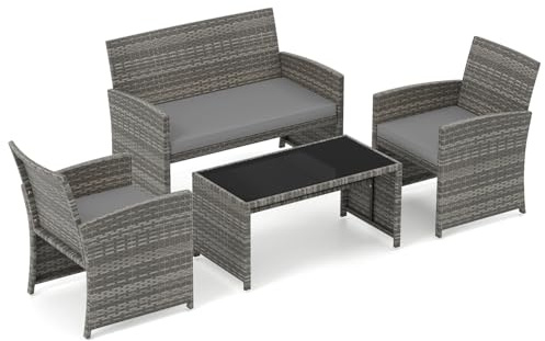 SOARS Salon de Jardin Exterieur en Rotin PE, 4 Personnes (Gris+Gris) | Canape Exterieur avec 2 Fauteuils à Coussins, Table Basse Verre, pour Patio, Balcon, Cour, Charge 360KG+180KG+45KG