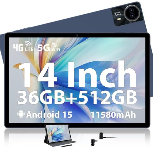 Tablet 14 Inch, 2.5K Dsiplay, 36GB RAM 512GB ROM/TF 1TB, Octa-Core Gaming Tablet, 4G LTE Dual SIM + 5G WiFi, Metal Body, Android 15 Large Tablet, GPS, Quad Speakers, 11580mAh, Earphone/Case/Pen Incl.