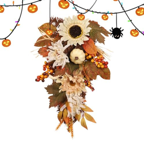 Höstdörrkrans 50 centimeter Konstgjorda Blomstergirlanger & Dekorationer | Ytterdörrskrans och Verandadekoration för Höst & Skörd Halloween Thanksgiving Utomhus Vägg Bord &