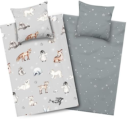 Aminata kids Biber Bettwäsche 135x200 Kinder Pinguin Eisbär Hirsch Baumwolle, Reißverschluss, Kinderbettwäsche mit Winter-Motiv, warm, weich & kuschelig