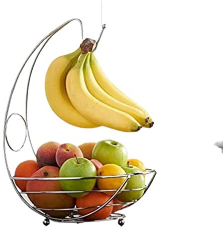 PKGE Stainless Steel Fruit Bowl Banana Hanger, Chrome Finish Veg Basket Shelf Rack Decorative Kitchen Cupboard Organiser for Food Storage, Fruit Basket Stand Hook