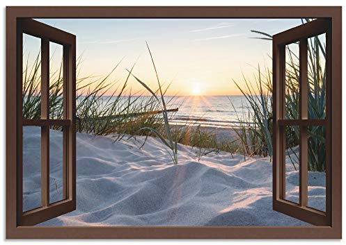 ARTland Wanddeko Wandbild Alu Verbundplatte für Innen & Outdoor Bild 130x90 cm Fensterblick Strand Meer Sand Ostsee Dünen Sonnenuntergang U1TY
